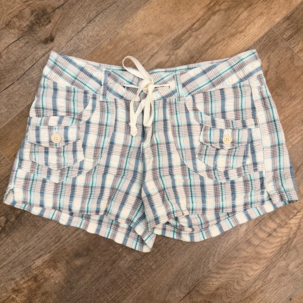 Y2K Vtg Unionbay Blue Plaid Cargo Short Junior 3 Cotton Drawstring Waist LowRise